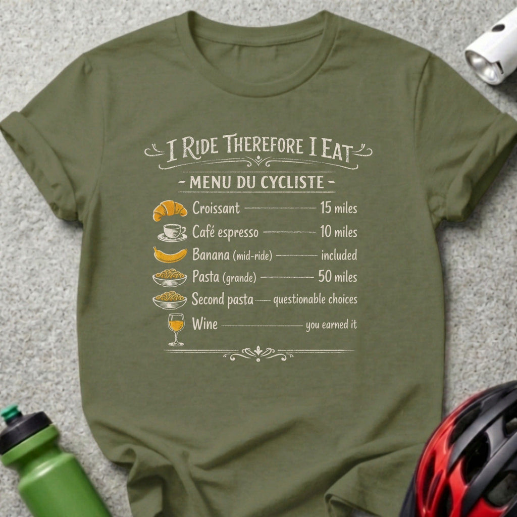 Olive t-shirt with "I Ride Therefore I Eat" menu list for cyclists.
