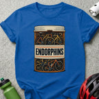 T-shirt featuring a prescription bottle illustration labeled "ENDORPHINS" filled with bicycles.