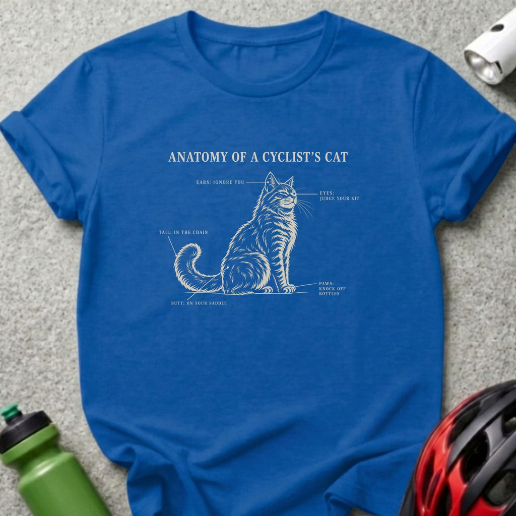 A blue t-shirt featuring a white diagram titled Anatomy of a Cyclist’s Cat.