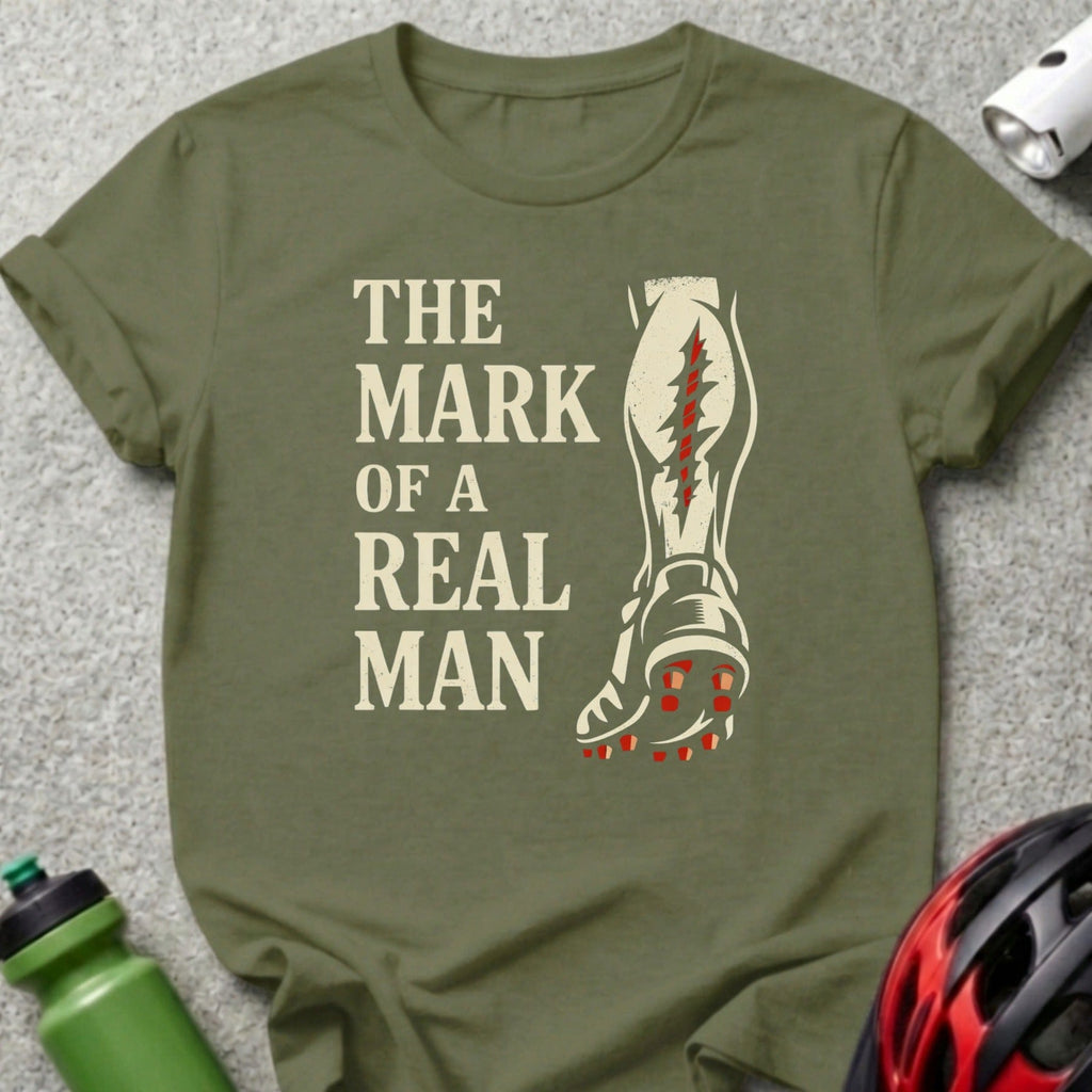Olive green t-shirt with "The Mark of a Real Man" and a graphic of a leg.