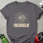 A dark gray t-shirt with a vintage bicycle wheel graphic and the text FREEWHEELIN'.