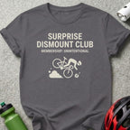 Grey t-shirt with "Surprise Dismount Club" and cyclist graphic.