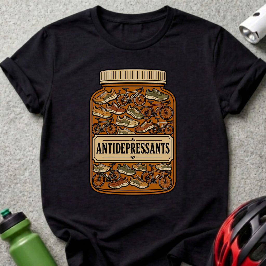Black t-shirt with a graphic of a pill bottle filled with bicycles and running shoes.