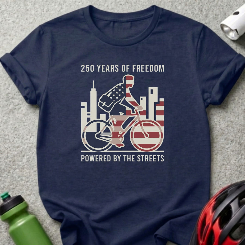 Navy t-shirt with cyclist illustration, "250 Years of Freedom" and "Powered by the Streets".