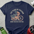 Navy t-shirt with cyclist and dog, "250 Years of Freedom" and "Riding Together Every Mile".