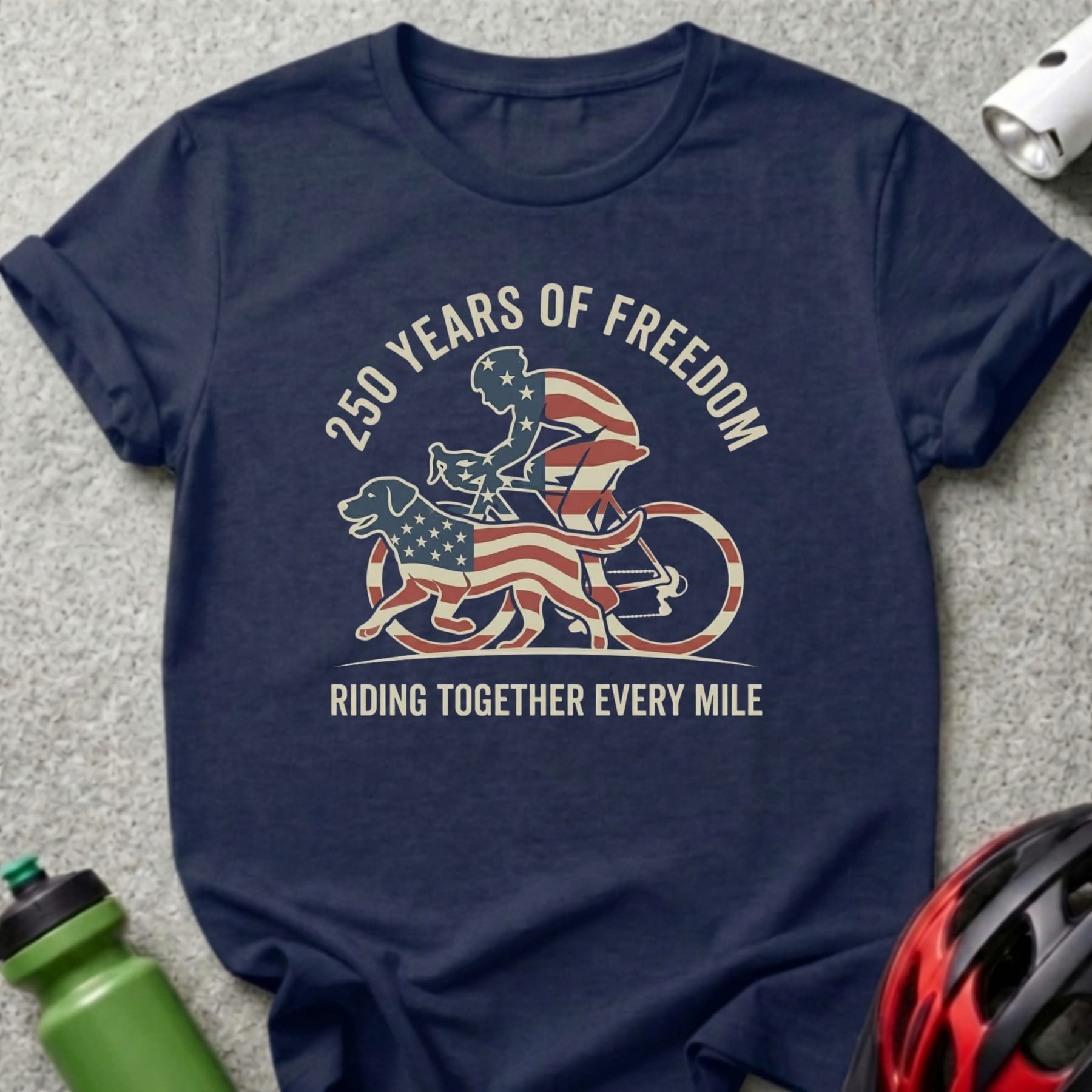 Navy t-shirt with cyclist and dog, "250 Years of Freedom" and "Riding Together Every Mile".