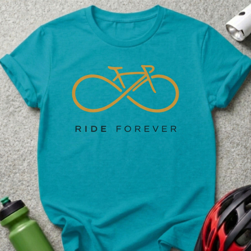 Teal t-shirt with an orange infinity-symbol bicycle and "RIDE FOREVER" text.
