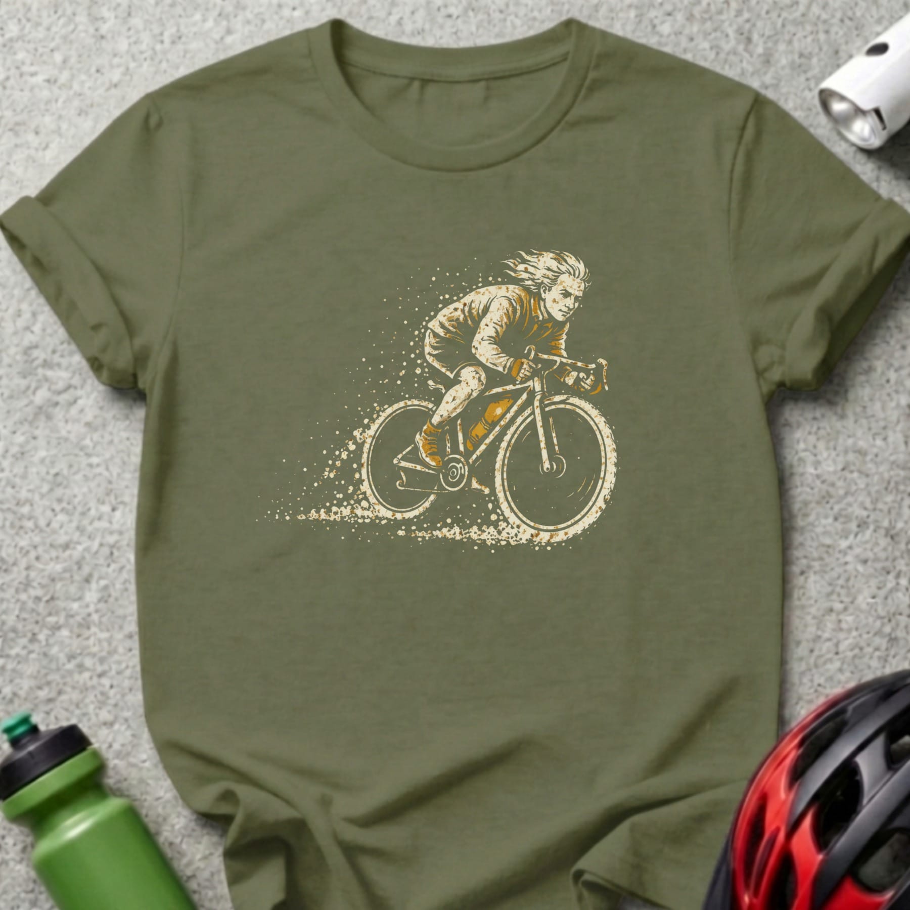 Illustration of a cyclist with flowing hair, riding a bicycle.
