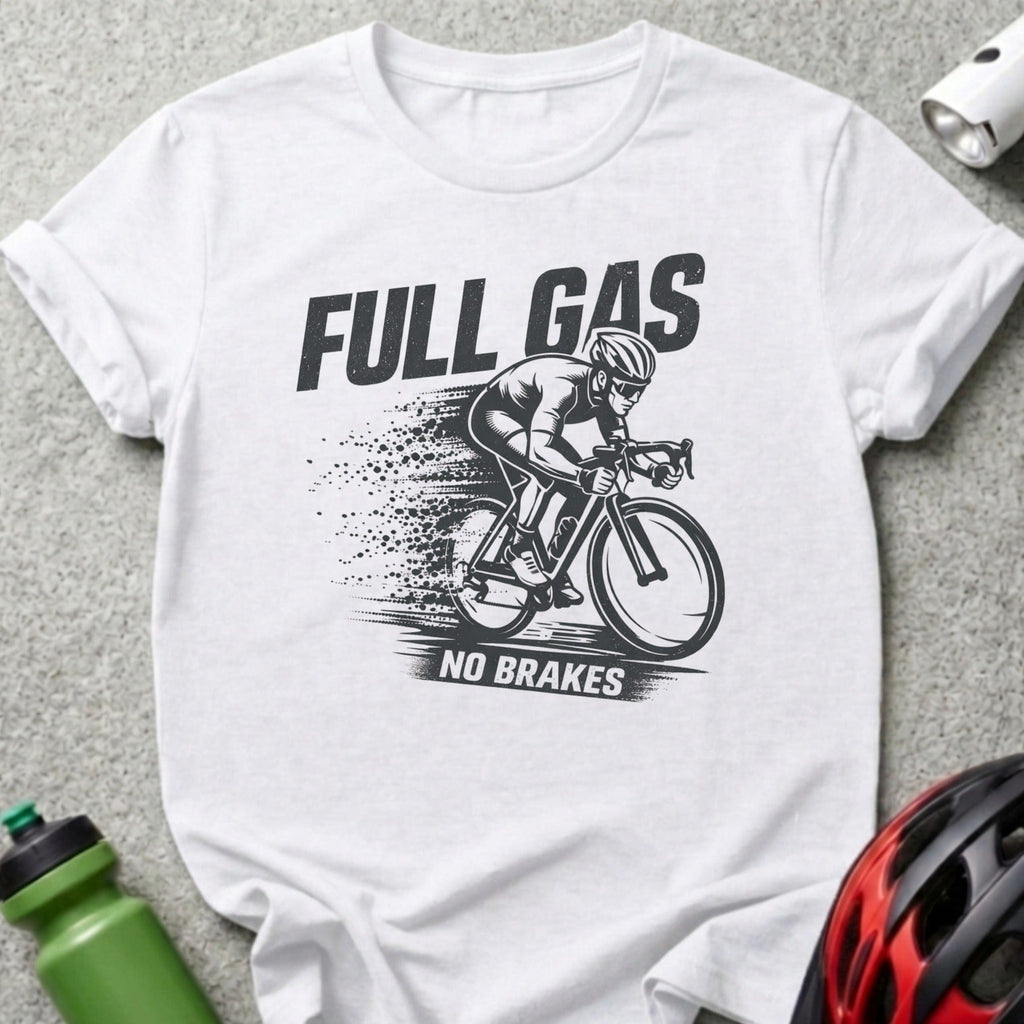 White t-shirt with "FULL GAS NO BRAKES" text and cyclist graphic.