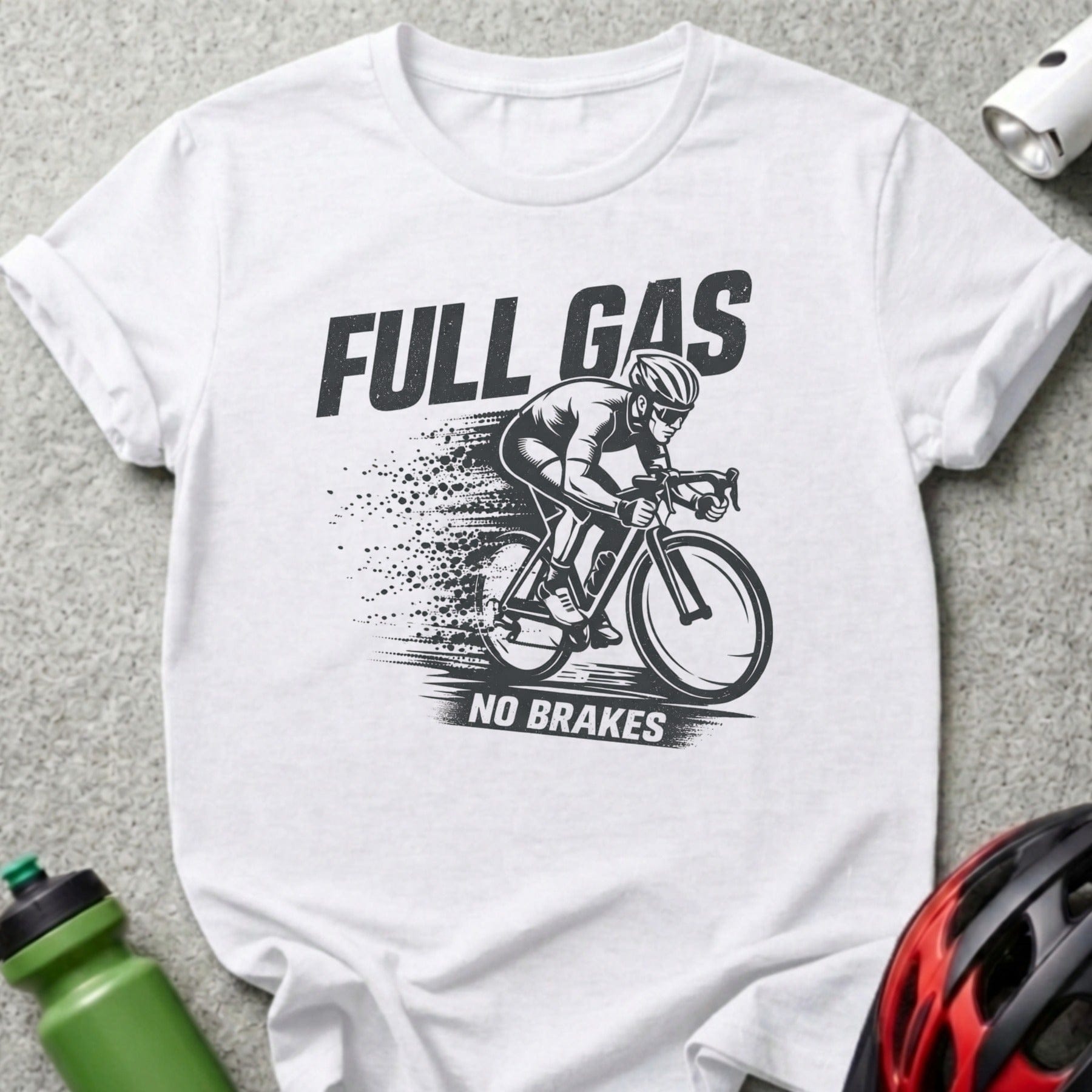 White t-shirt with "FULL GAS NO BRAKES" text and cyclist graphic.