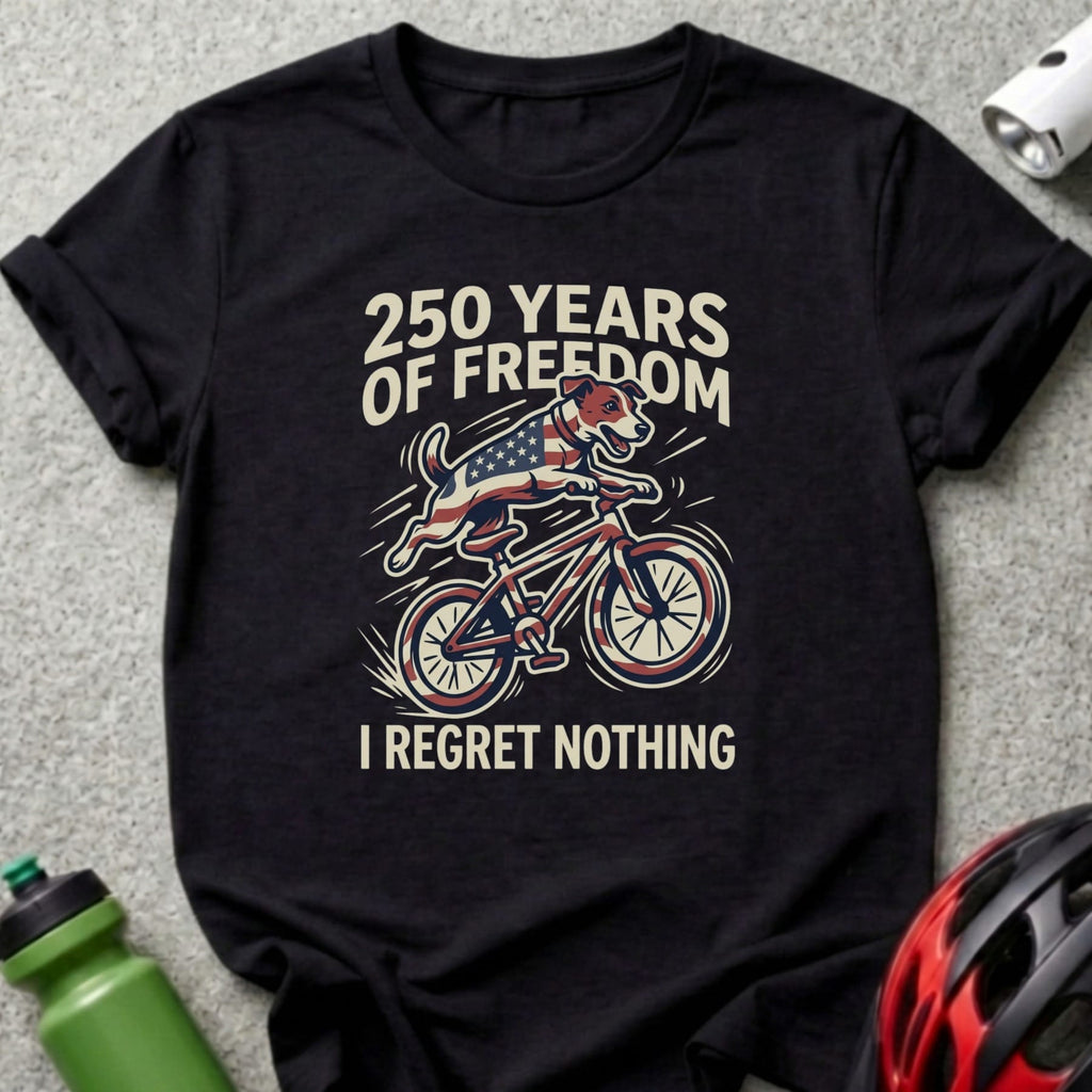 Black t-shirt with dog on bicycle graphic and text "250 Years of Freedom I Regret Nothing".
