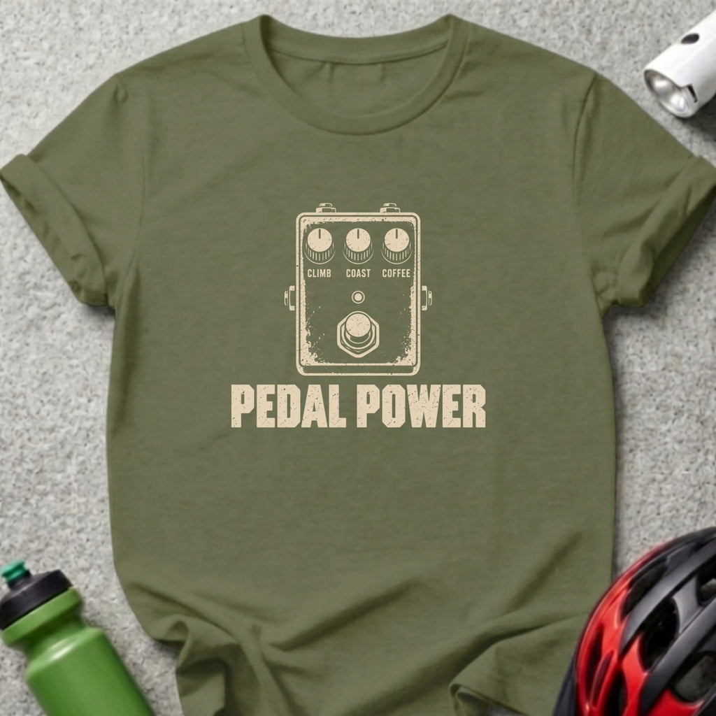 Olive green t-shirt featuring a distressed graphic of a guitar effects pedal and the text PEDAL POWER.