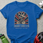 Blue t-shirt with "CRANKY SINCE 1776 AMERICA 250 - 1776 - 2026" graphic.