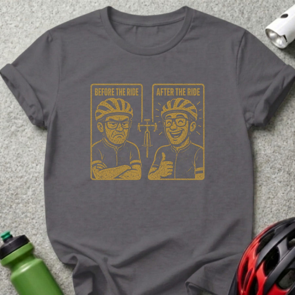 Cyclist humor: "Before the ride" grumpy face versus "After the ride" happy face.