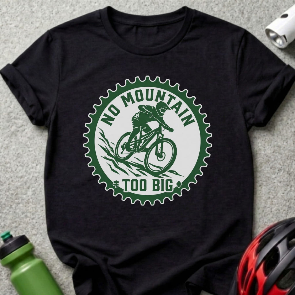 Black t-shirt with "No Mountain Too Big" text and cyclist graphic.
