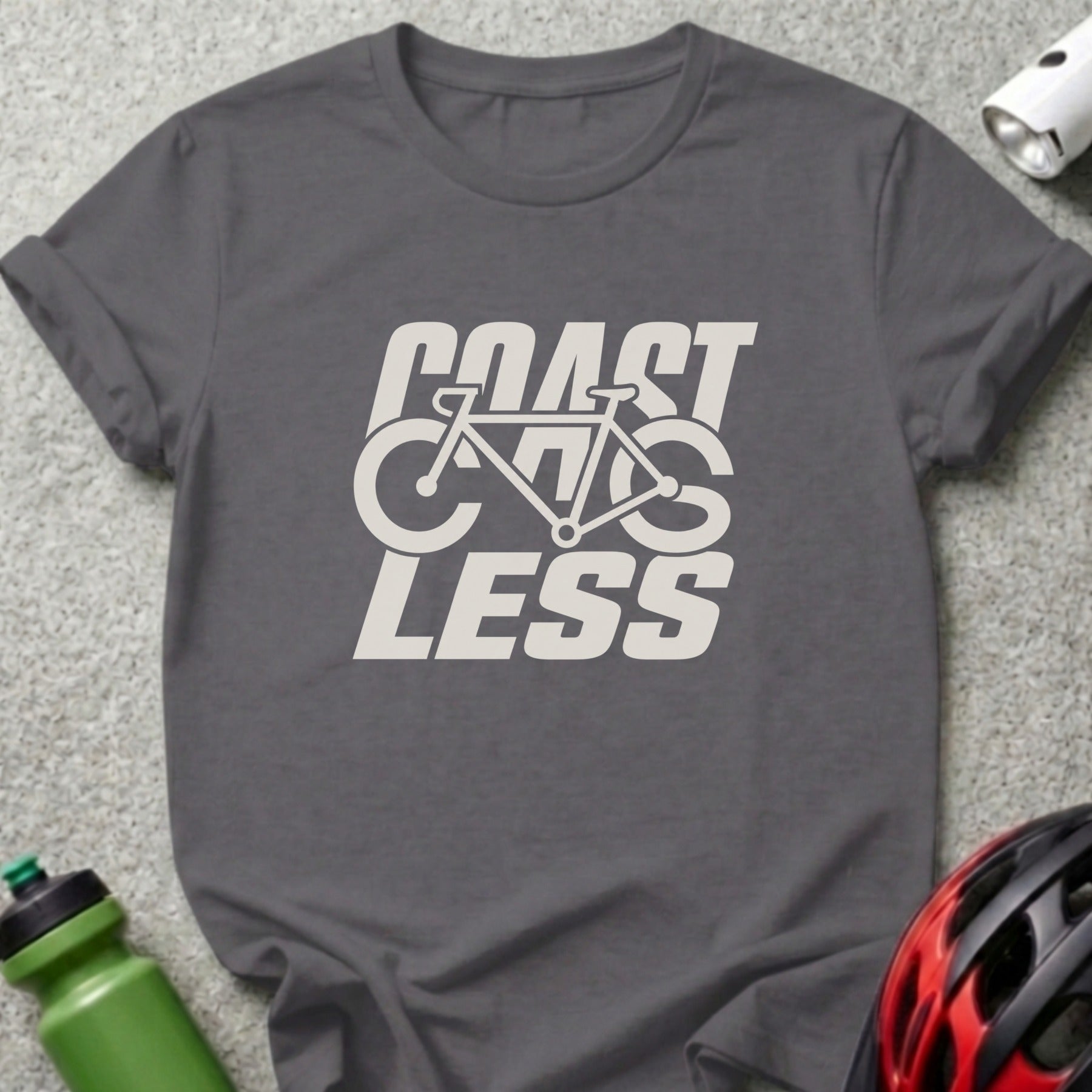 Gray t-shirt with white "COAST" and "LESS" text and a bicycle graphic.
