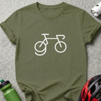 An olive green crewneck t-shirt featuring a minimalist white line drawing of a bicycle on the chest.