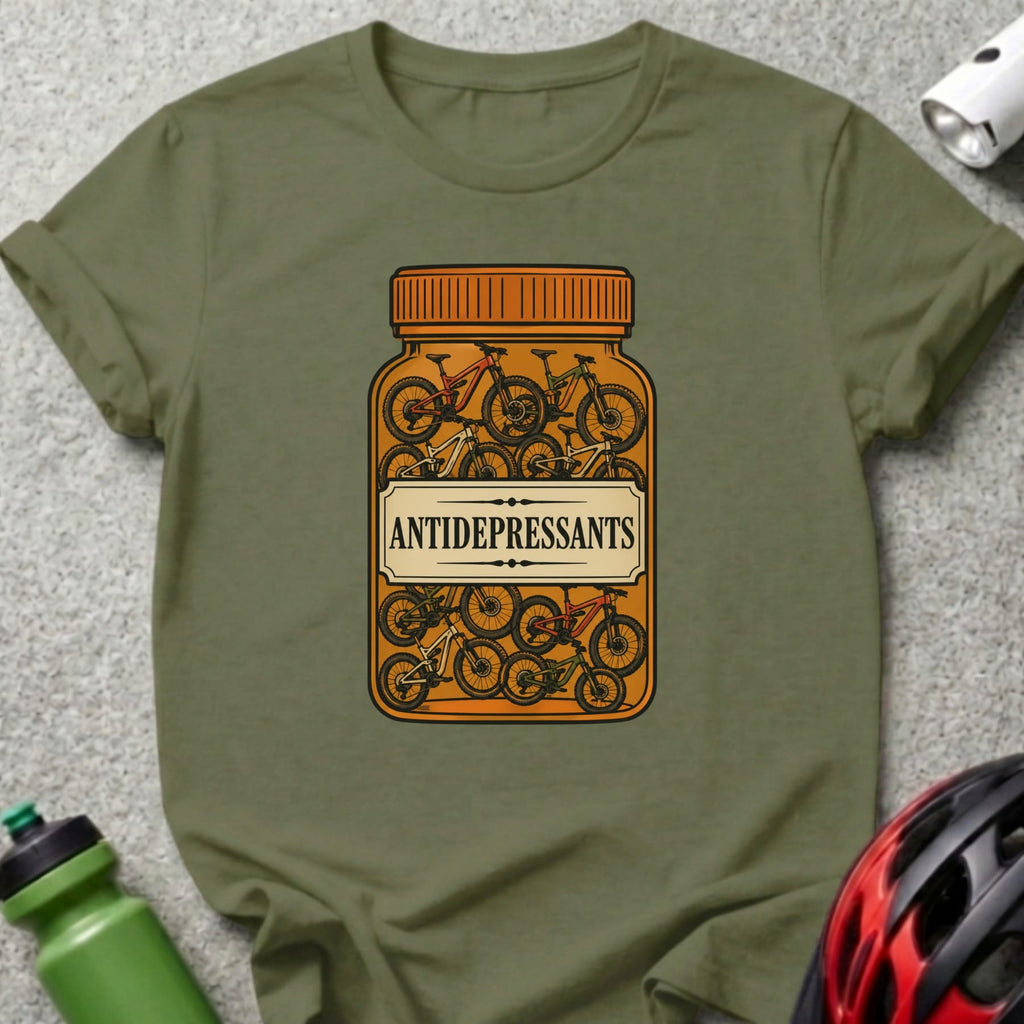 T-shirt graphic: bottle labeled "ANTIDEPRESSANTS" filled with bicycles.