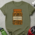T-shirt graphic: bottle labeled "ANTIDEPRESSANTS" filled with bicycles.