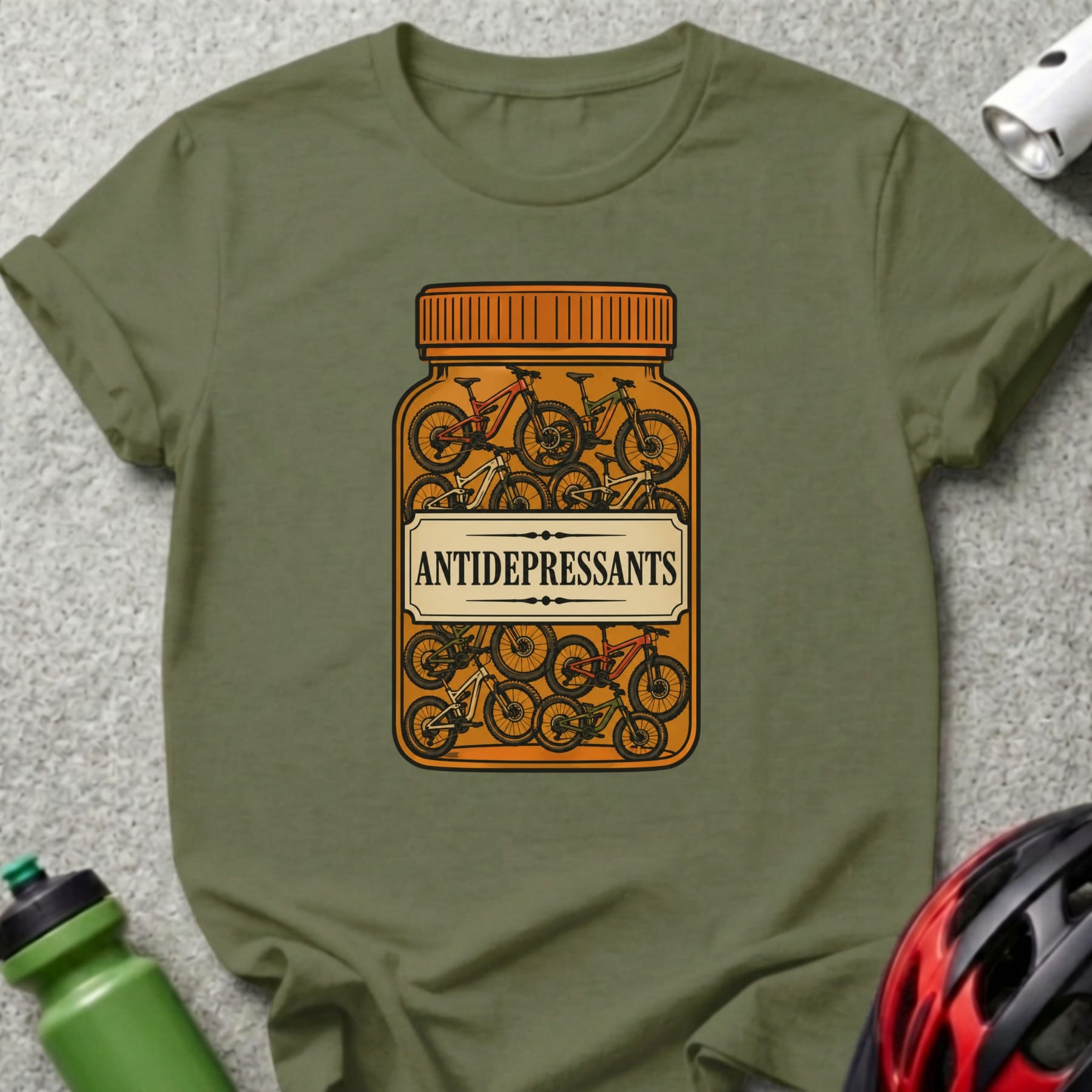 T-shirt graphic: bottle labeled "ANTIDEPRESSANTS" filled with bicycles.