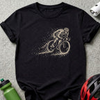 Black t-shirt with a cyclist illustration and a water bottle.
