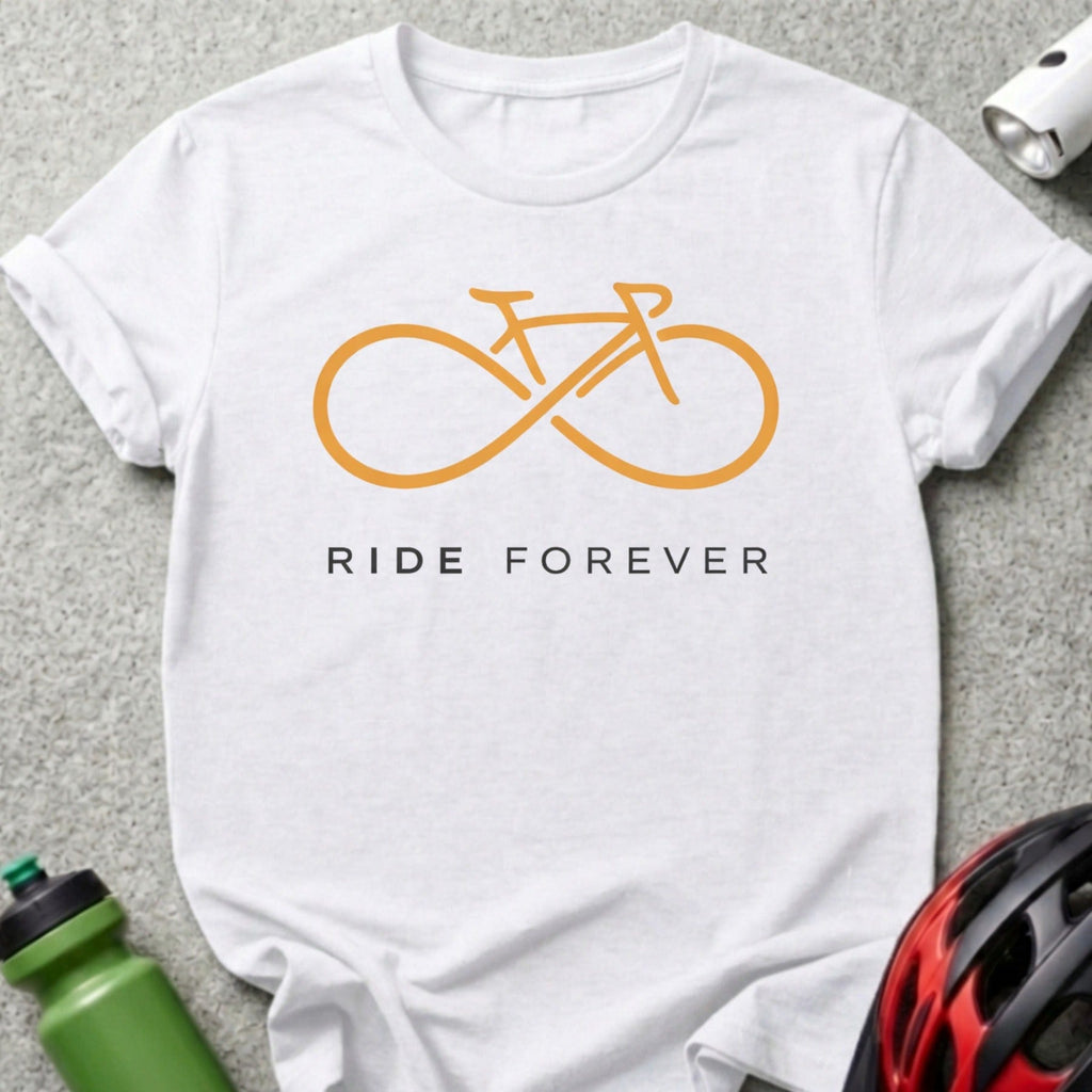 Orange infinity bicycle logo with "RIDE FOREVER" text on a white t-shirt.