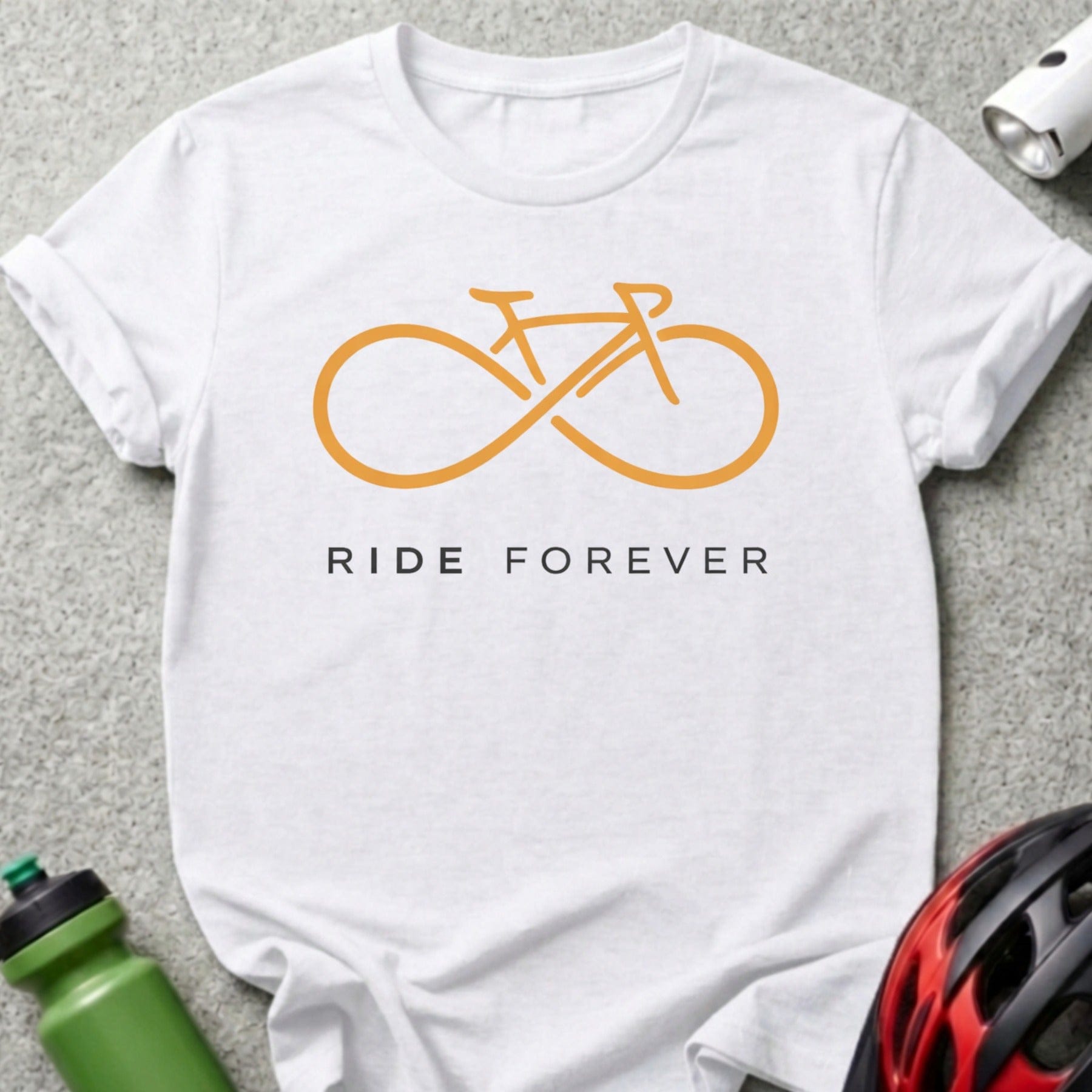 Orange infinity bicycle logo with "RIDE FOREVER" text on a white t-shirt.