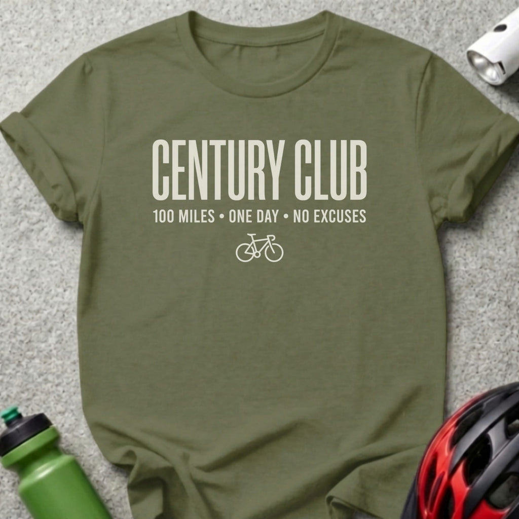 Green t-shirt with "CENTURY CLUB 100 Miles One Day No Excuses" text and bicycle graphic.