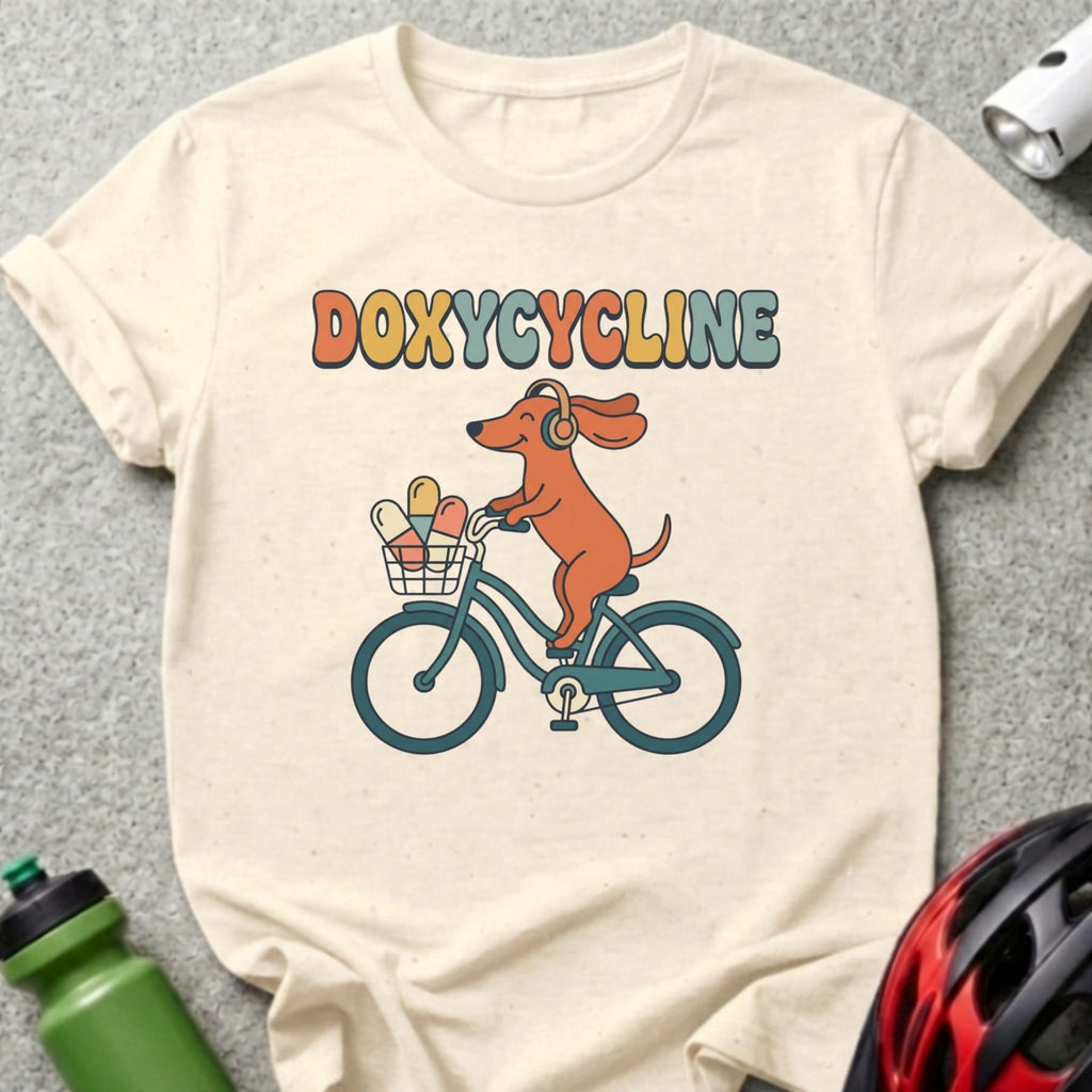 Dog wearing headphones rides a bicycle with medicine in basket.