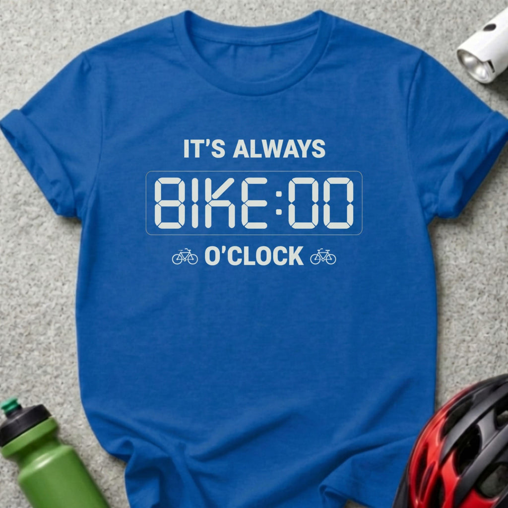 Blue t-shirt with "IT'S ALWAYS BIKE:00 O'CLOCK" text and bicycle graphics.
