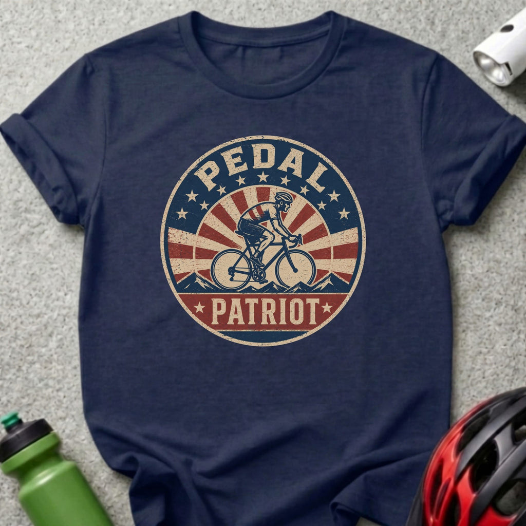 Navy t-shirt with distressed circular graphic featuring a cyclist and the words "PEDAL PATRIOT".