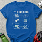 Blue t-shirt with "Cycling Loop" diagram and cycling-related text.