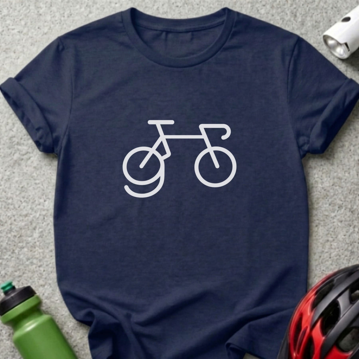 Dark blue short-sleeved t-shirt featuring a minimalist white bicycle graphic centered on the chest.