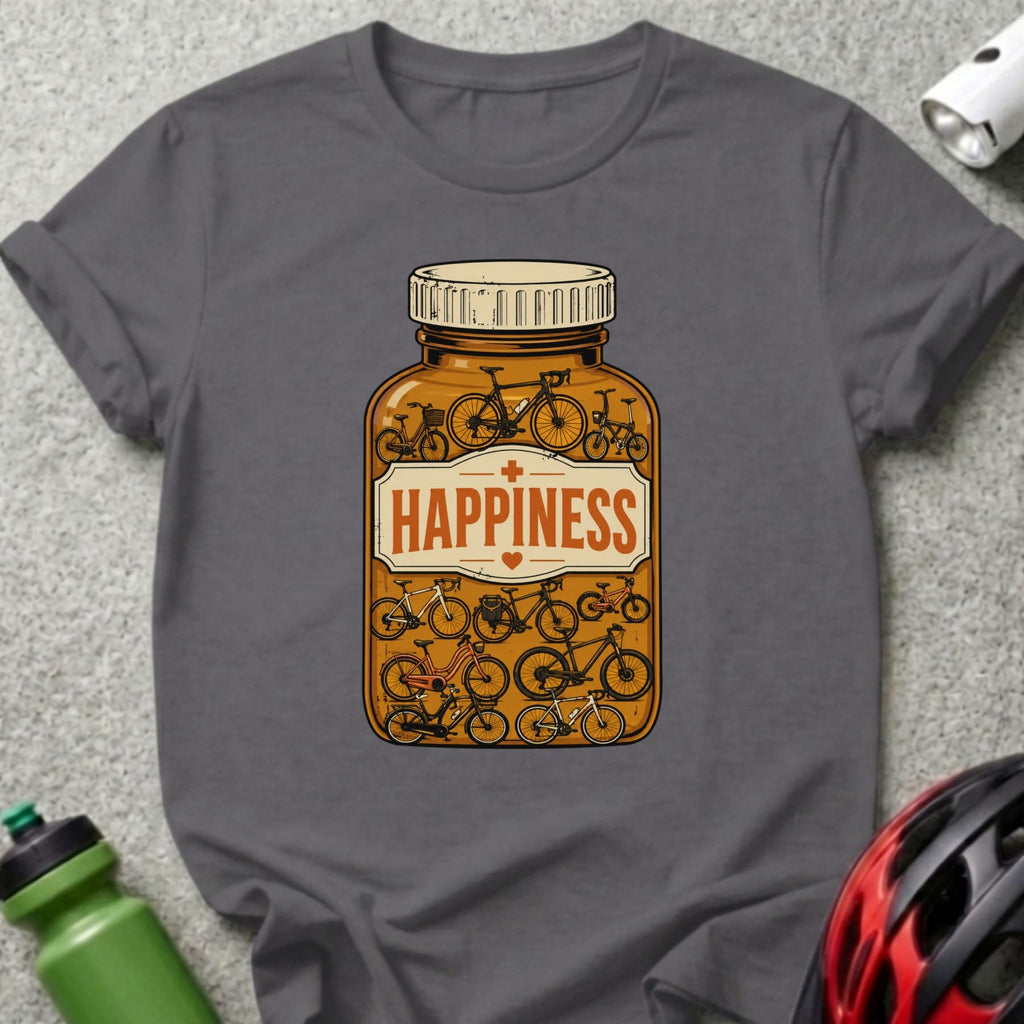 Dark gray t-shirt featuring a pill bottle filled with bicycles, labeled "HAPPINESS".