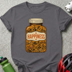 Dark gray t-shirt featuring a pill bottle filled with bicycles, labeled "HAPPINESS".