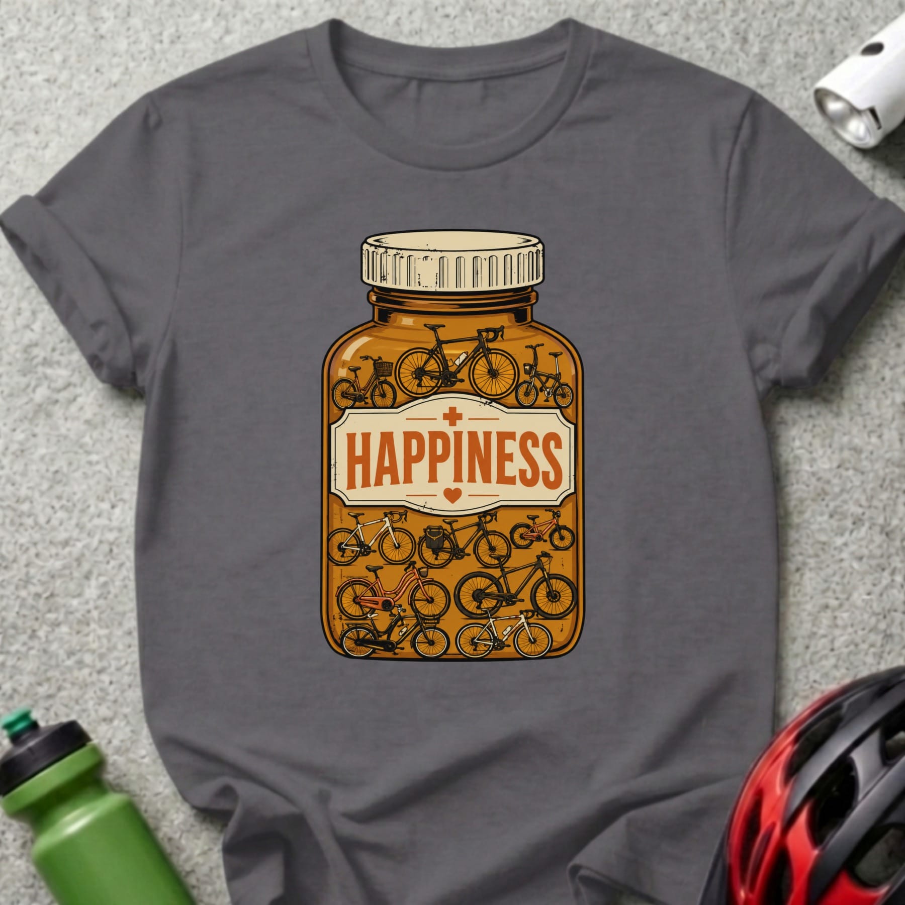 Dark gray t-shirt featuring a pill bottle filled with bicycles, labeled "HAPPINESS".