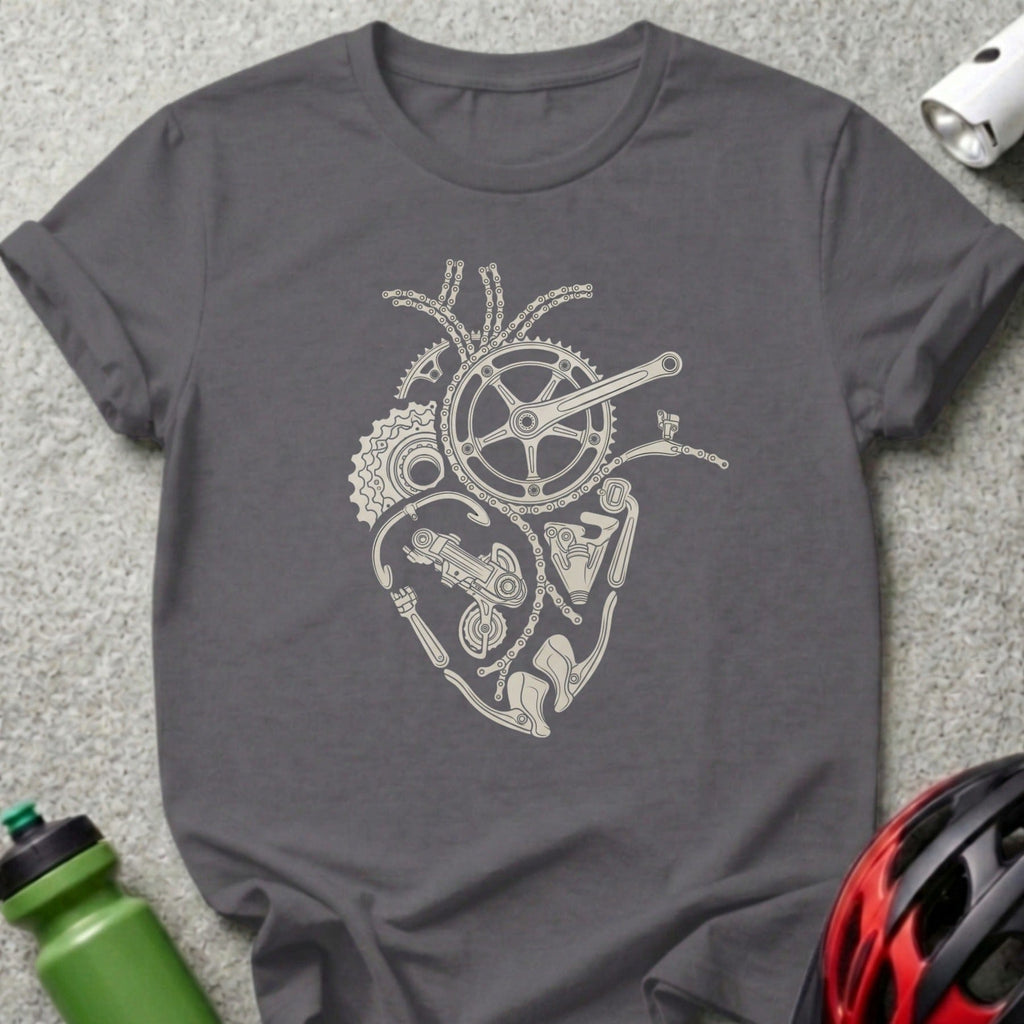 Dark grey t-shirt with a bicycle gear heart design.
