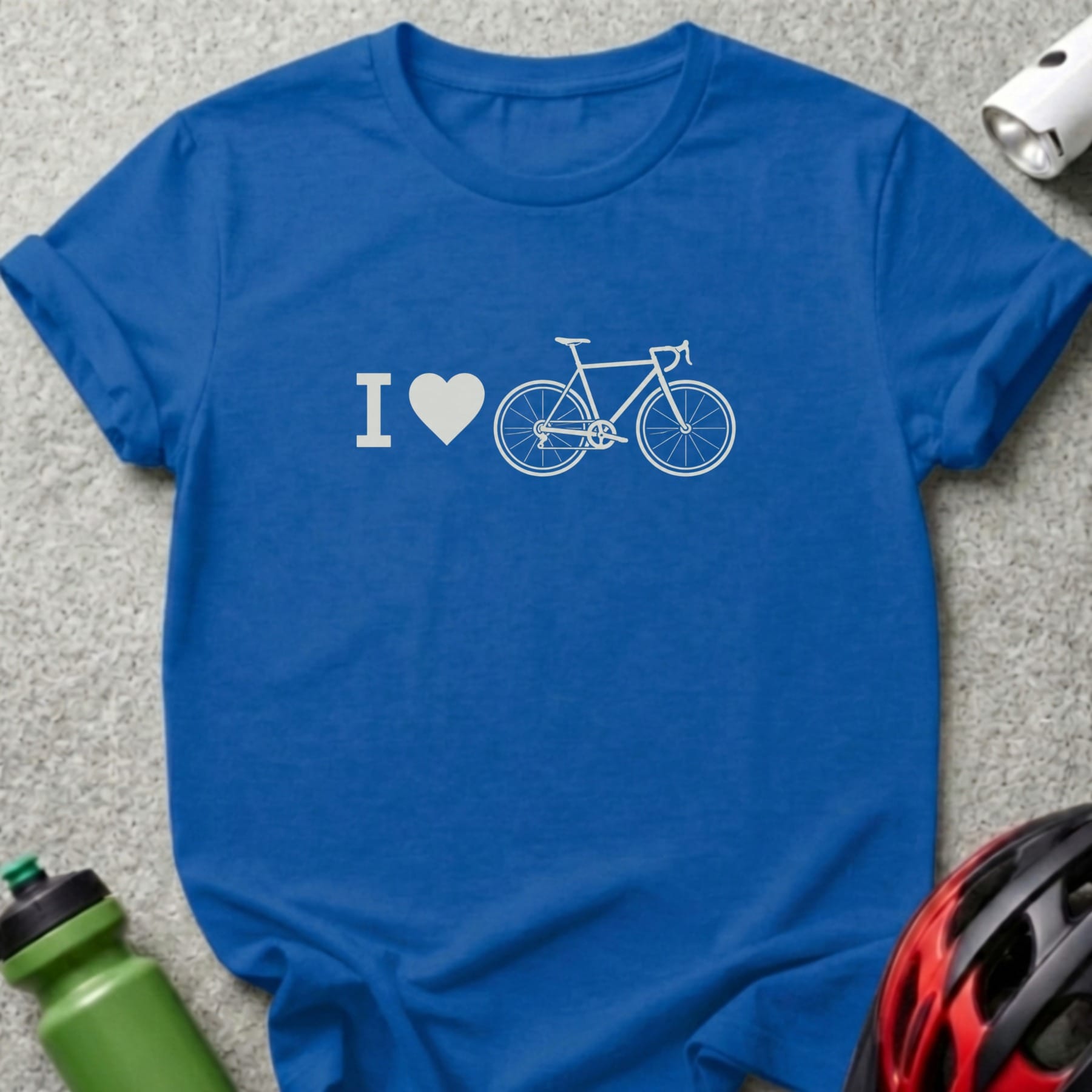 Royal blue t-shirt with "I love bicycles" graphic in white.
