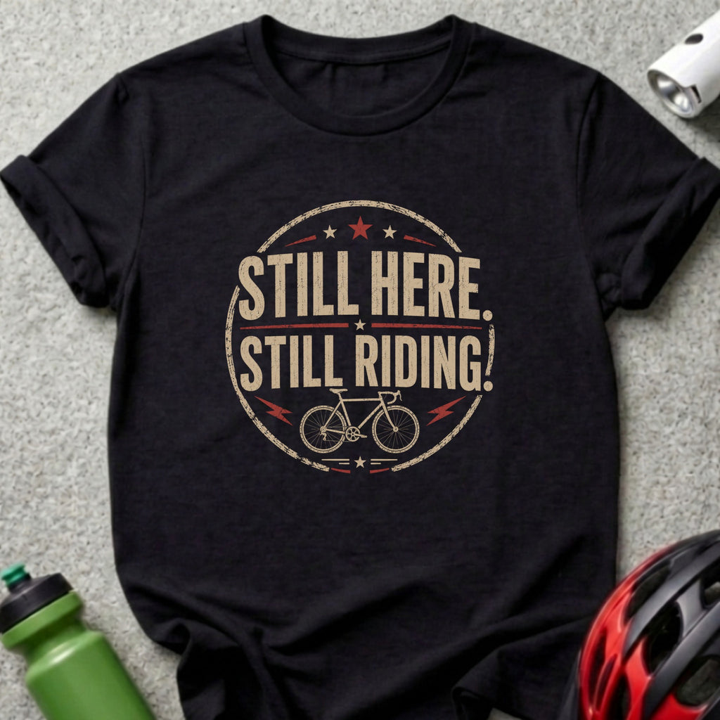 Black t-shirt with "STILL HERE. STILL RIDING!" and a bicycle graphic.