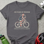 Gray t-shirt with 250 Years of Freedom and cycling graphic.