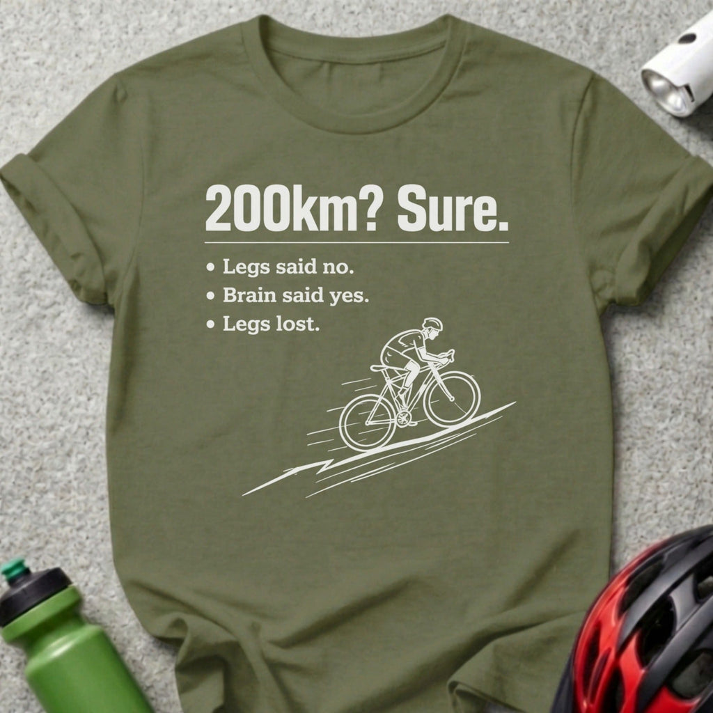 Olive green t-shirt with text and cyclist graphic.