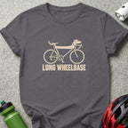 Dark gray t-shirt with a cream graphic of a bicycle designed as a dachshund dog, reading Long Wheelbase.