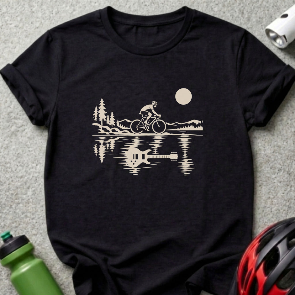 A black short-sleeved t-shirt features a white graphic of a cyclist by water with a guitar reflection.