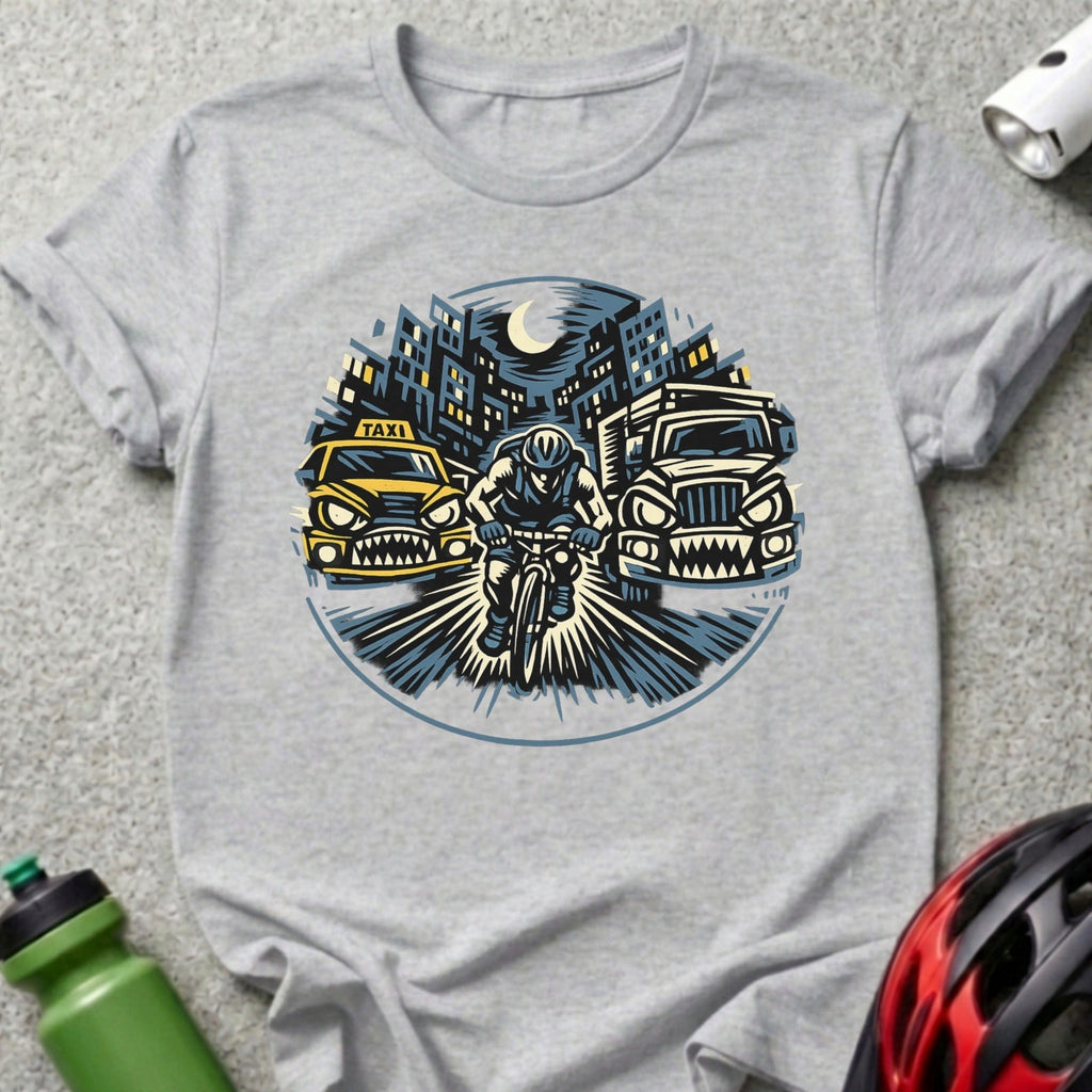 Urban Cyclist Escaping Taxis Graphic Tee Product