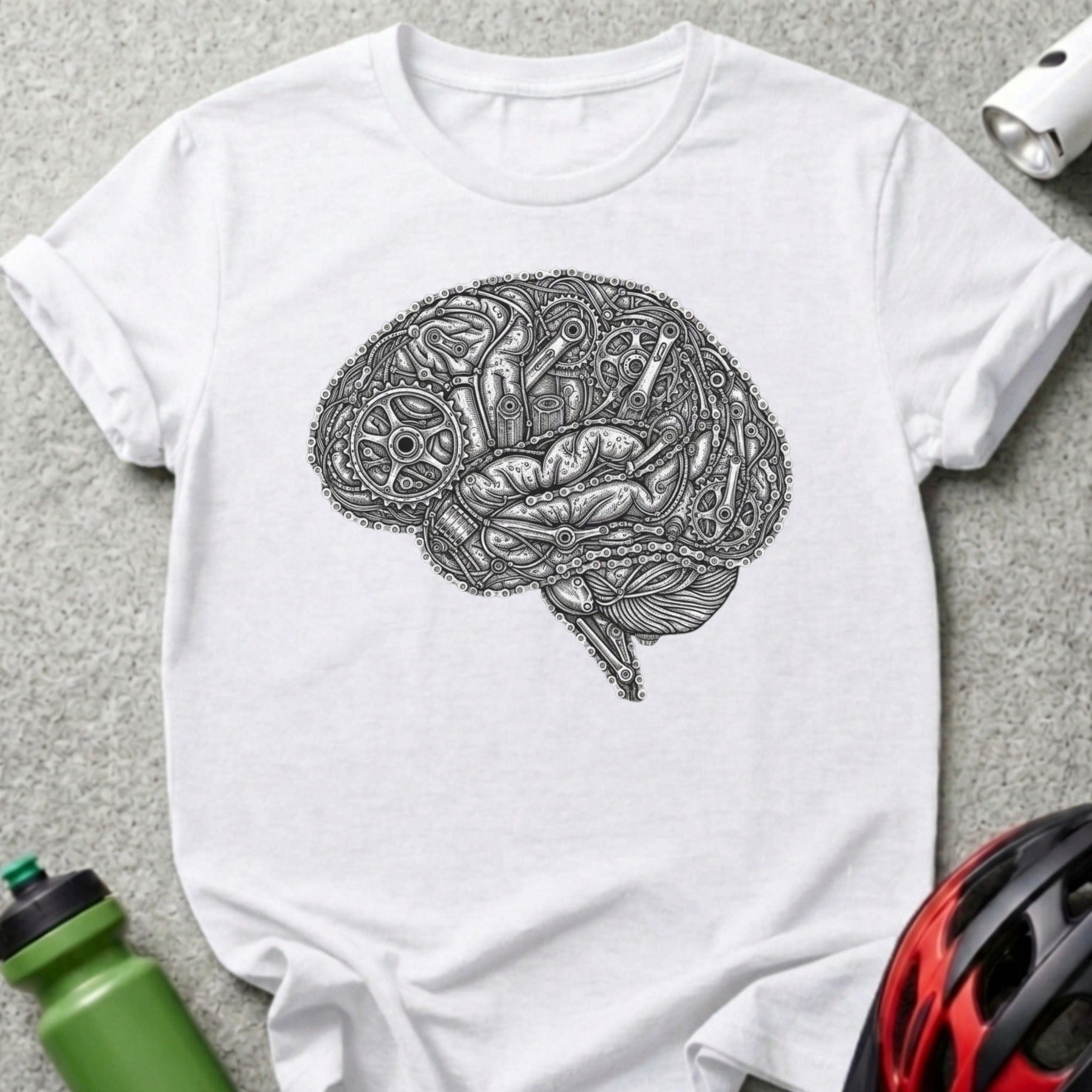 Intricate Mechanical Brain Design on White T-Shirt