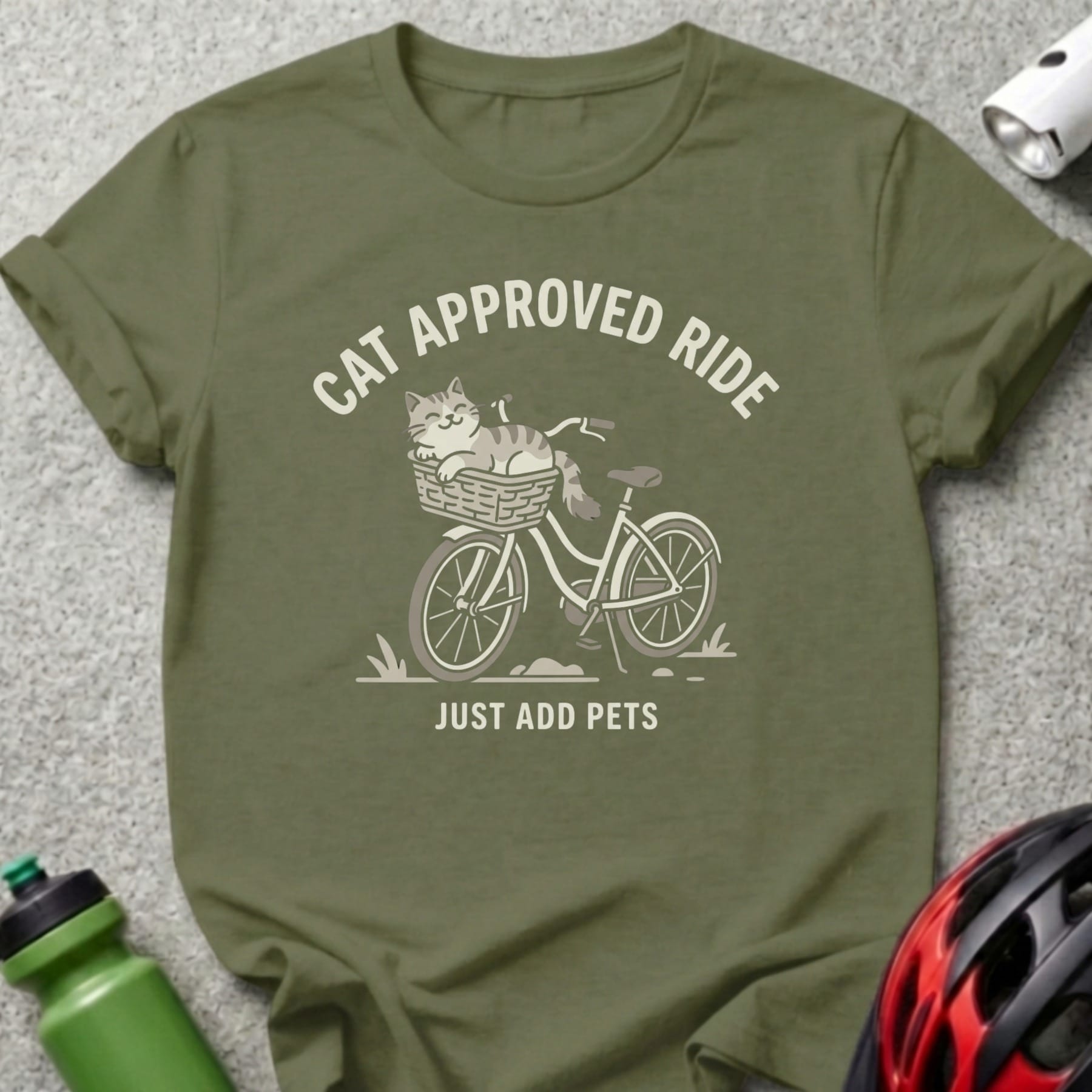 Olive green t-shirt with "Cat Approved Ride" and a cat in a basket on a bicycle.
