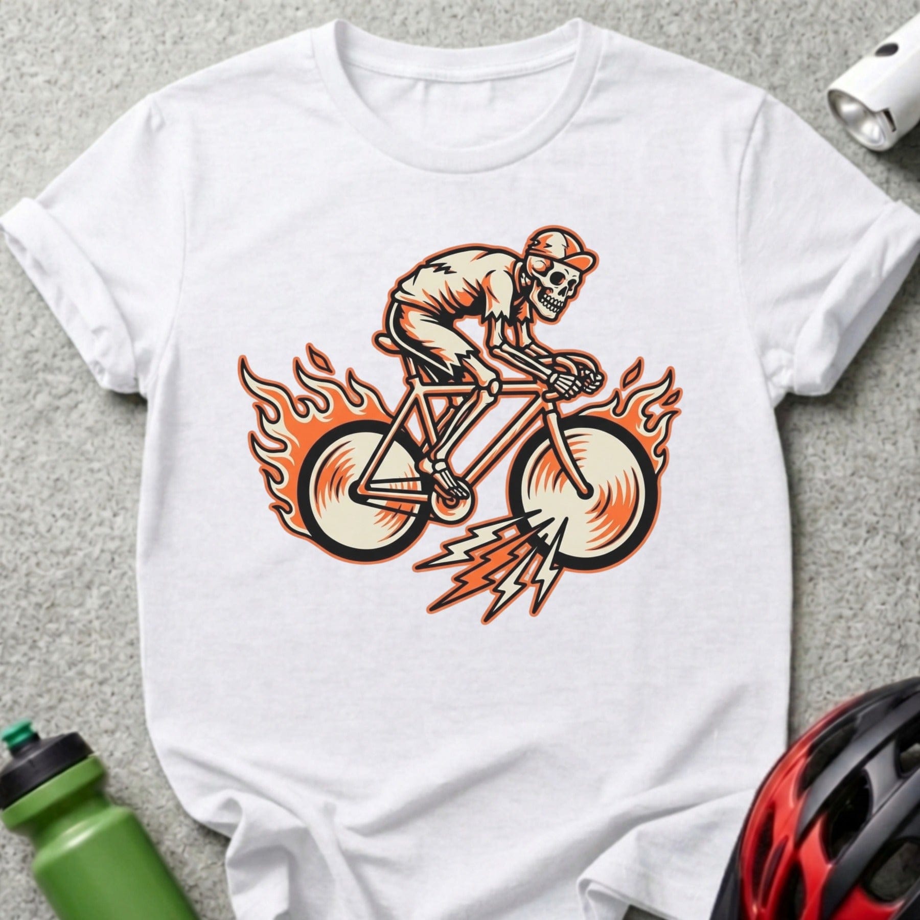 Skeleton Cyclist with Fiery Wheels Graphic T-Shirt