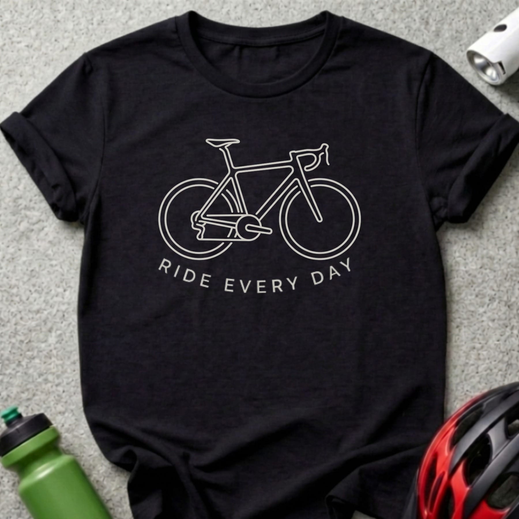 Black t-shirt with white outline of a bicycle and text "RIDE EVERY DAY".