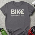 Dark grey t-shirt with "BIK€ WORTH EVERY CENT" graphic.