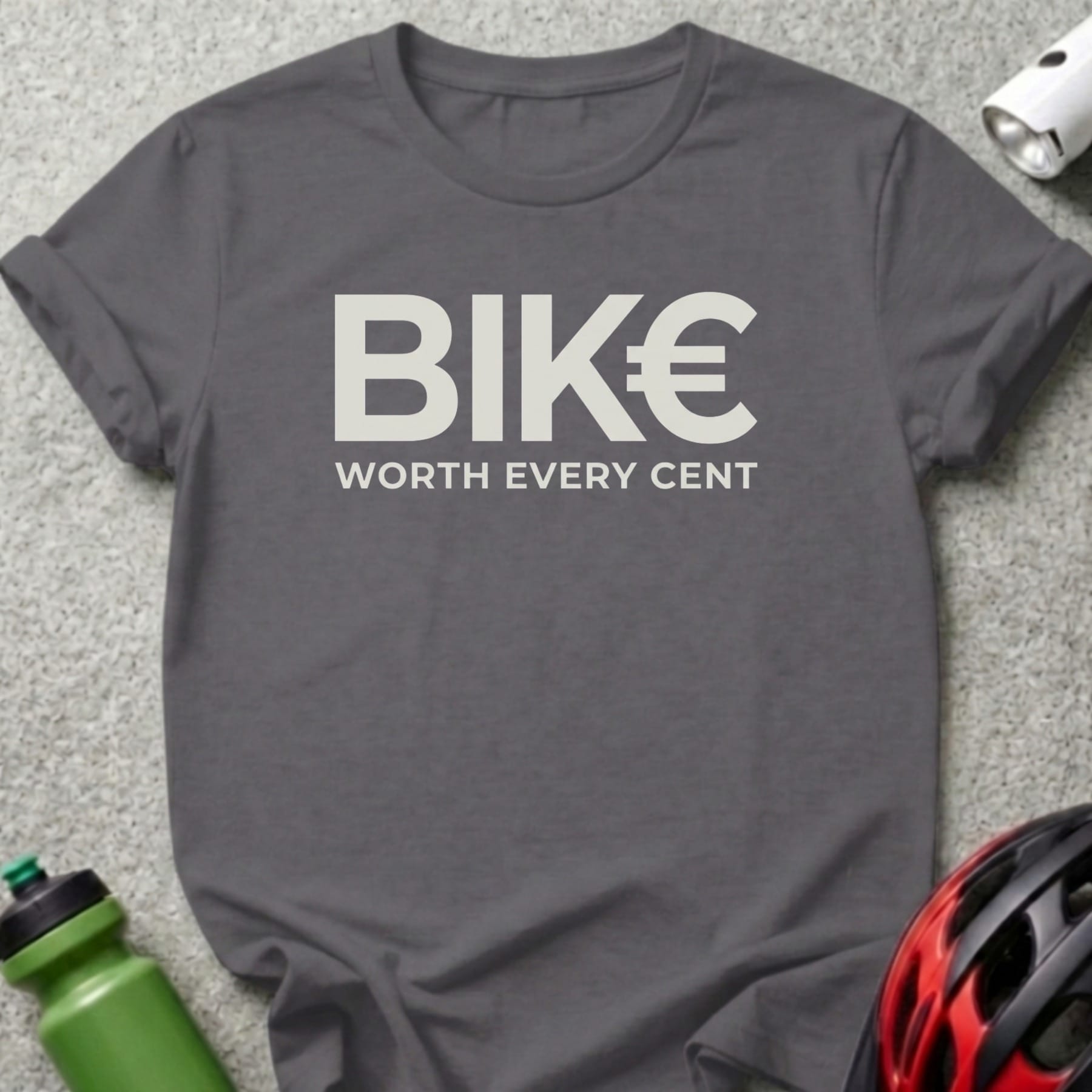Dark grey t-shirt with "BIK€ WORTH EVERY CENT" graphic.